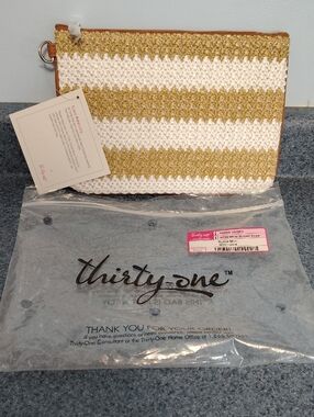 thirty-one White and Gold Striped Crochet Zip Pouch